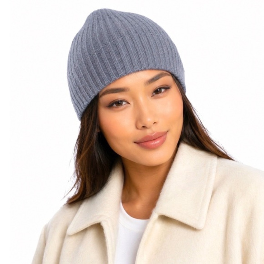 Unbranded Light Blue Wool Angora Blend Ribbed Knit Beanie Hat OS Winter 71-19